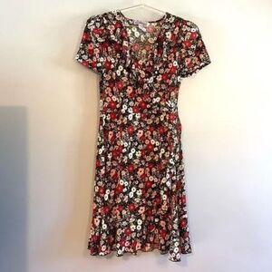 NWT By Design Red/Pink/Black Floral Puff Sleeve Surplice Faux Wrap Midi Dress 3X